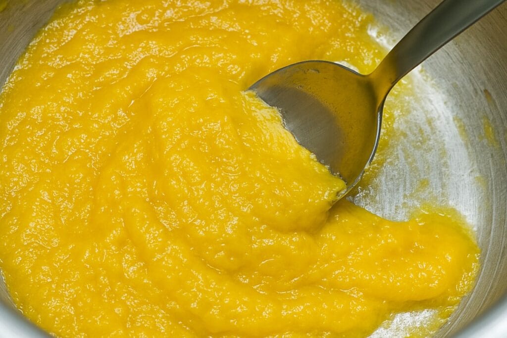 Raw mango pulp mixed with sugar and spices boiling in a pan – Aam Panna recipe pulp mixing step