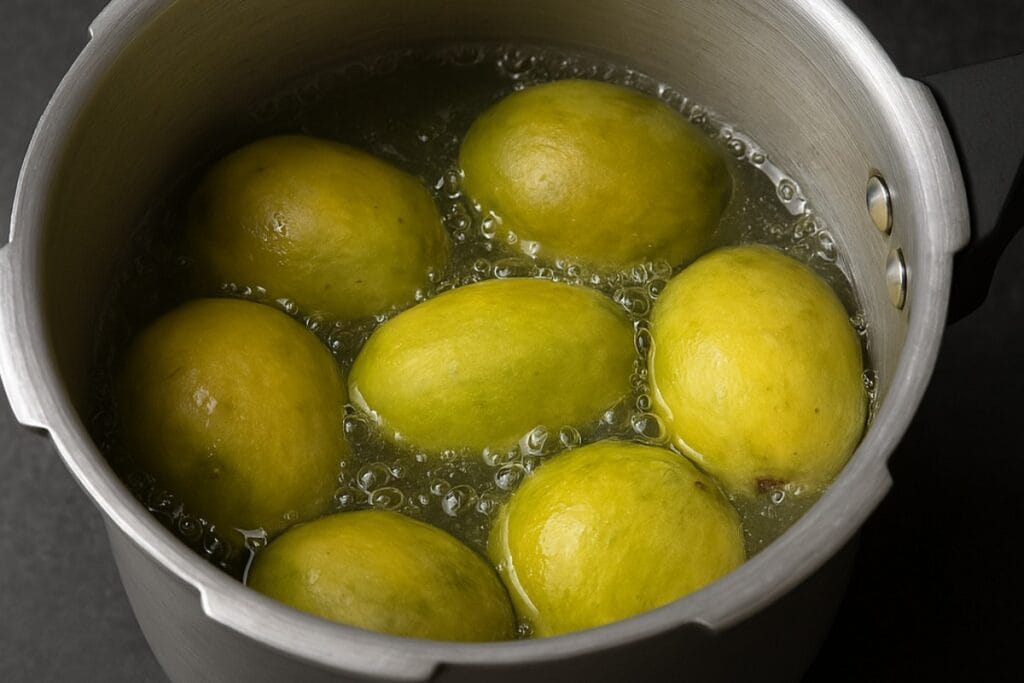 "Raw mangoes boiling in pressure cooker for Aam Panna"